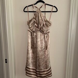 BCBG MaxAzria 100 per cent Silk Elegant Cream and Brown Halter Dress new